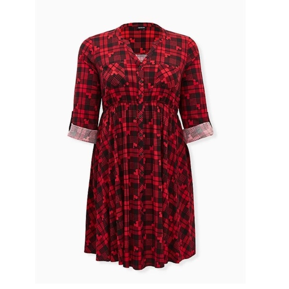 TORRID NWT DISNEY MICKEY MOUSE RED & BLACK PLAID BUTTON FRONT SHIRT DRESS - Picture 4 of 7
